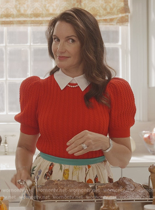 Charlotte’s red puff sleeve sweater on And Just Like That