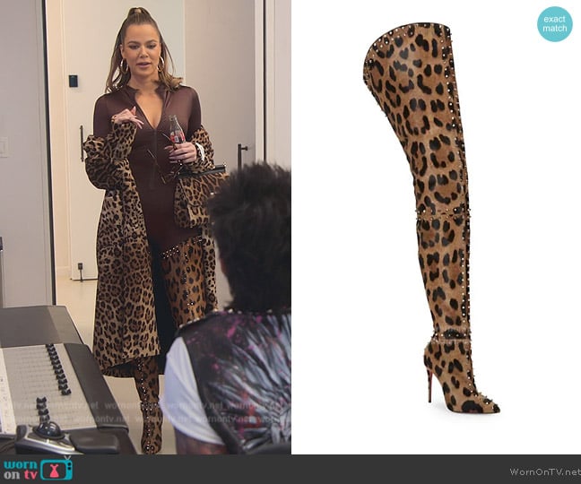 Christian Louboutin Metrolisse Thigh-High Leopard-Print Calf Hair Boots worn by Khloe Kardashian (Khloe Kardashian) on The Kardashians