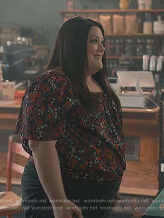 Dana’s black floral print square neck top on Sweet Magnolias