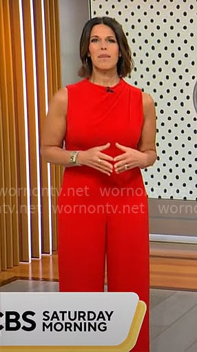 Dana Jacobson’s red sleeveless jumpsuit on CBS Mornings