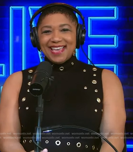 Deja Vu’s black grommet embellished dress on Live with Kelly and Mark