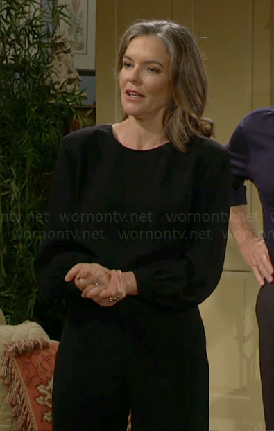 Diane’s black open back jumpsuit on The Young and the Restless