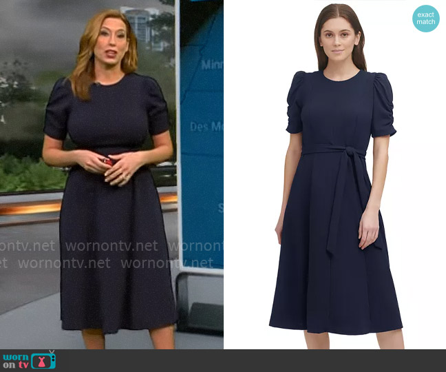 DKNY Ruched-Sleeve Midi Dress in Navy worn by Stephanie Abrams on CBS Mornings