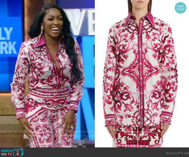 Dolce and Gabbana Majolica Cotton Poplin Button-Up Shirt worn by Porsha Williams on Live with Kelly and Mark