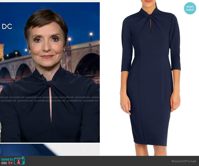 Donna Morgan Crepe Three-Quarter Sleeve Sheath Dress in Twilight Navy worn by Catherine Herridge on CBS Evening News