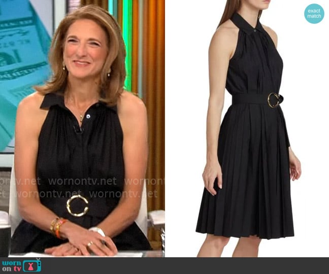 Elie Tahari Pleated Fit & Flare Belted Halter Midi-Dress worn by Jill Schlesinger on CBS Mornings