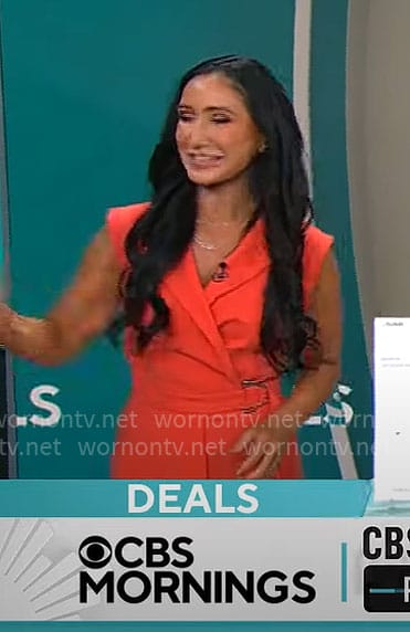 Elizabeth Werner’s orange wrap jumpsuit on CBS Mornings