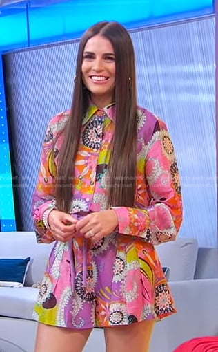 Erica Wark’s multicolor printed blouse and shorts on Good Morning America