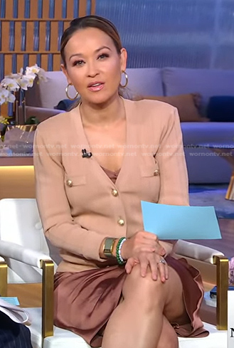 Eva’s pink beige cardigan with gold buttons on Good Morning America