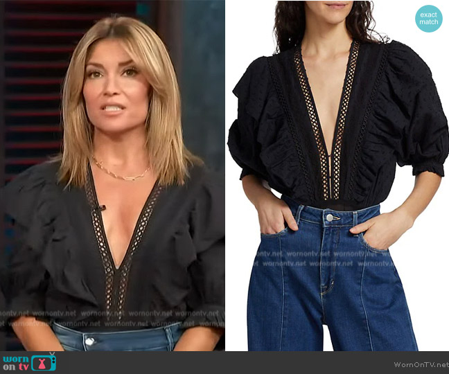 FARM RIO Lace & Ruffle Trimmed Bodysuit worn by Kit Hoover on Access Hollywood