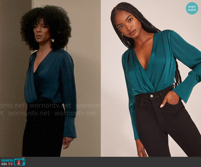 Favorite Daughter The Date Blouse in Emerald worn by Beverly Crest (Leslie Silva) on So Help Me Todd