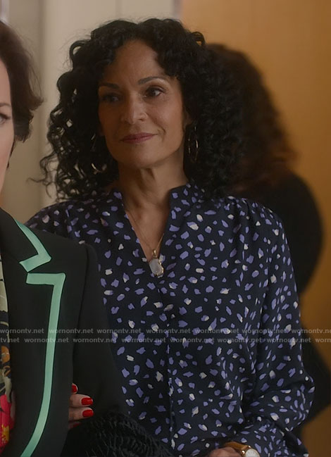 Francey’s blue printed blouse on So Help Me Todd