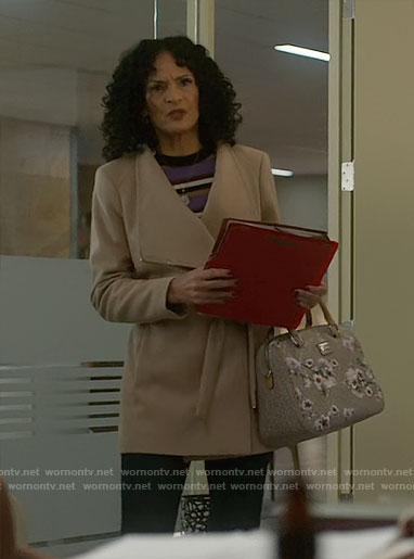 Francey’s short camel coat and purple striped sweater on So Help Me Todd