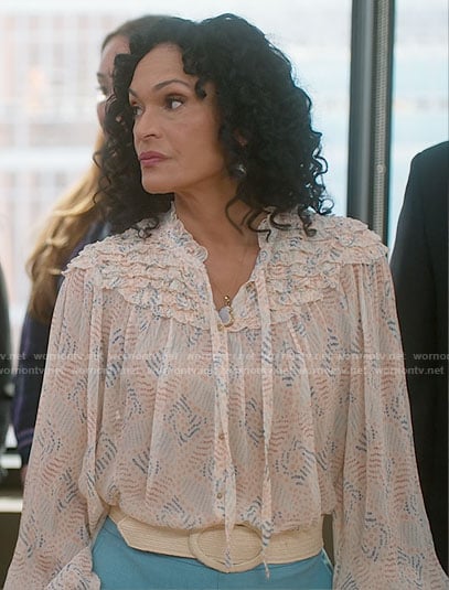 Francey’s cream printed blouse on So Help Me Todd