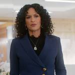 Francey’s navy blue asymmetric blazer on So Help Me Todd