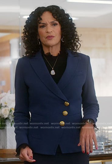 Francey’s navy blue asymmetric blazer on So Help Me Todd