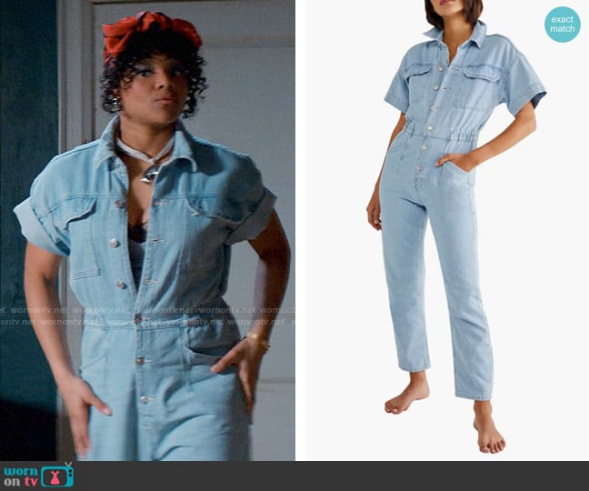 Free People Marci Coveralls in Clear Skies worn by Venetia Kelaher (Jade Payton) on Glamorous