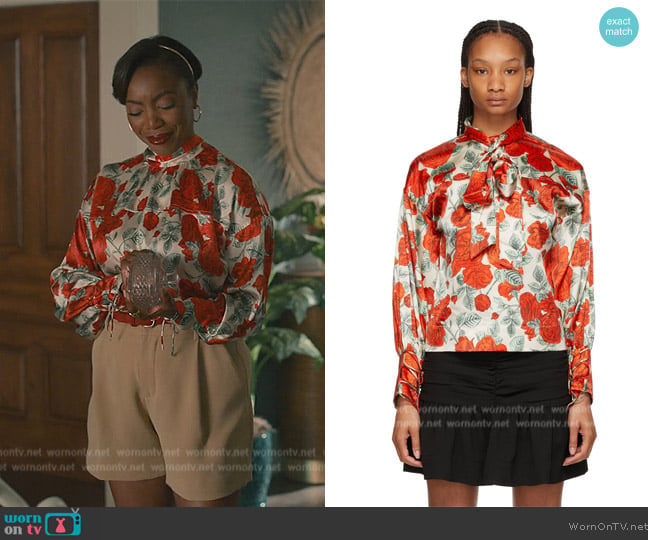 Ganni Red & Beige Silk Floral Oversized Blouse worn by Helen Decatur (Heather Headley) on Sweet Magnolias