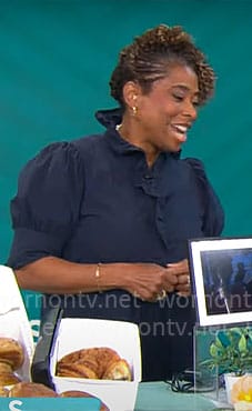 Gayle Bass’ navy ruffled dress on CBS Mornings