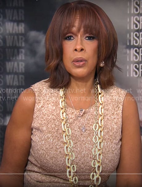Gayle King’s beige sleeveless sheath dress on CBS Mornings