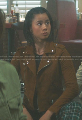 George’s brown suede moto jacket on Nancy Drew