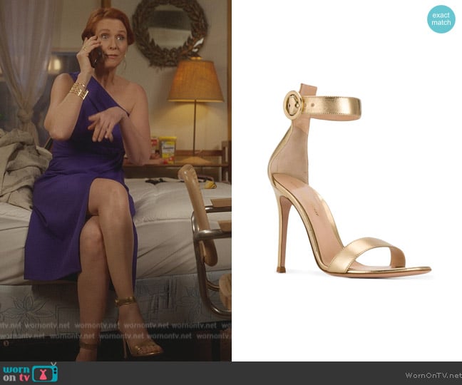 Gianvito Rossi Portofino 105mm leather sandals worn by Miranda Hobbs (Cynthia Nixon) on And Just Like That