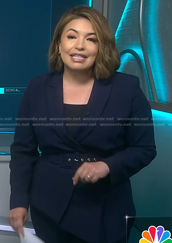 Gilma Avalos’s navy belted asymmetric blazer on NBC News Daily