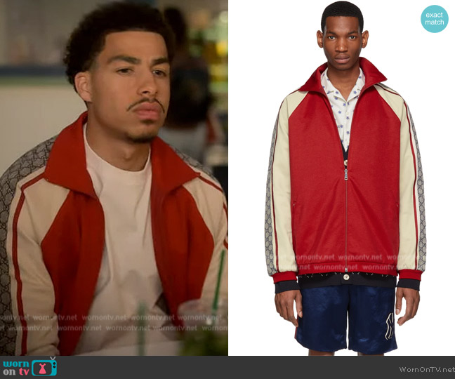 Gucci Red & Off-White Oversized Jersey Jacket worn by Andre Johnson, Jr. (Marcus Scribner) on Grown-ish