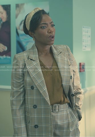 Helen’s beige plaid blazer and pants on Sweet Magnolias