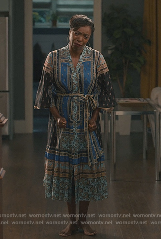 Helen’s blue paisley print wrap dress on Sweet Magnolias