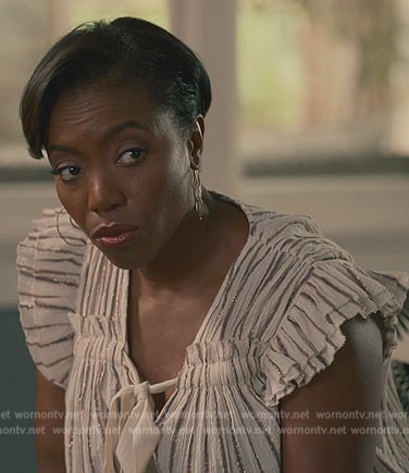Helen’s white metallic stripe top on Sweet Magnolias