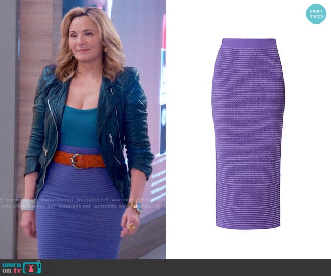 Herve Leger Sheer Striped Midi Skirt worn by Madolyn Addison (Kim Cattrall) on Glamorous