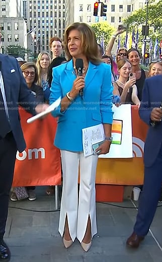 Hoda’s blue ruched sleeve blazer and white pants on Today