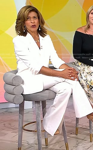 Hoda’s white ruched sleeve blazer and front slit pants on Today