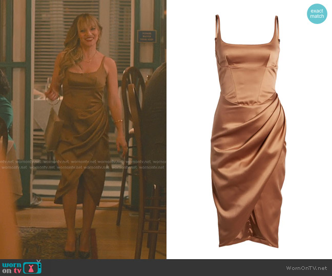 House of CB Bianca Satin Pleated Corset Midi Dress worn by Vicky (Alexa Havins) on Sweet Magnolias