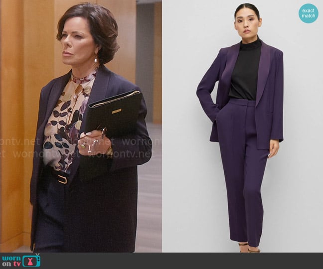 BOSS Regular-fit jacket in crinkle crepe with shawl lapels in Dark Purple worn by Margaret Wright (Marcia Gay Harden) on So Help Me Todd