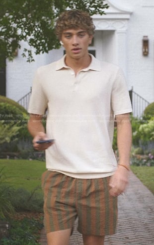 Jeremiah’s ivory knit polo shirt and brown striped shorts on The Summer I Turned Pretty
