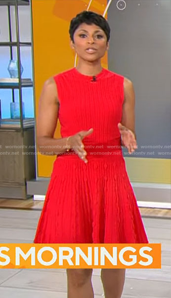 Jericka Duncan’s red sleeveless rib knit dress on CBS Mornings
