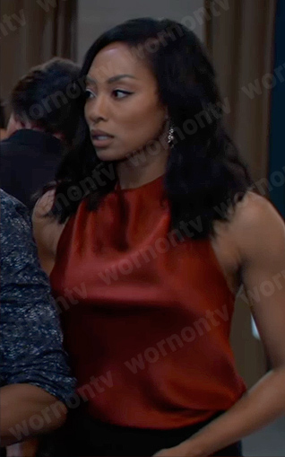 Jordan’s red satin sleeveless top on General Hospital