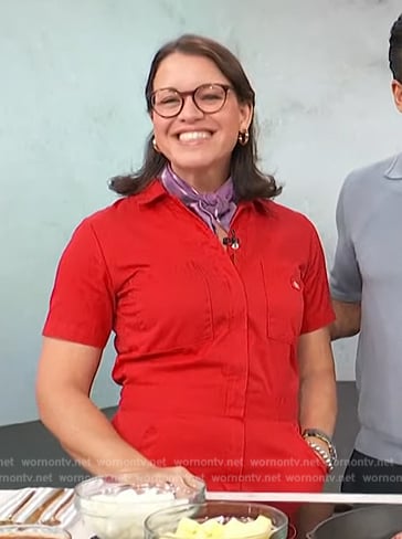 Joy Wilson’s red denim jumpsuit on Access Hollywood