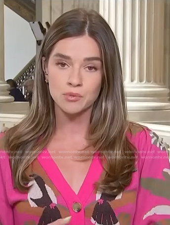 Julie Tsirkin’s pink bird print cardigan on NBC News