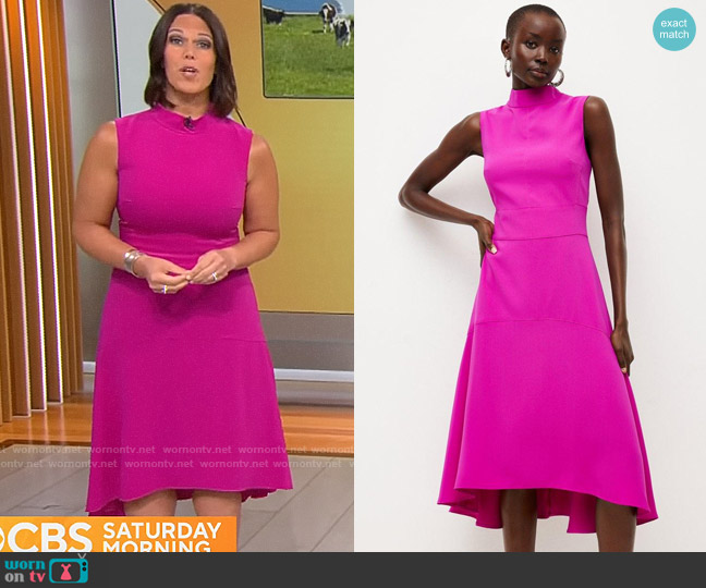 Karen Millen Soft Tailored High Low Midi Dress in Magenta worn by Dana Jacobson on CBS Mornings