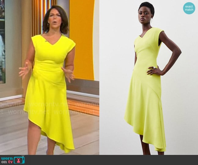 Karen Millen Asymmetric Hem Detail Cap Sleeve Dress in Lime worn by Dana Jacobson on CBS Mornings