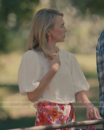 Kathy’s white eyelet puff sleeve top on Sweet Magnolias