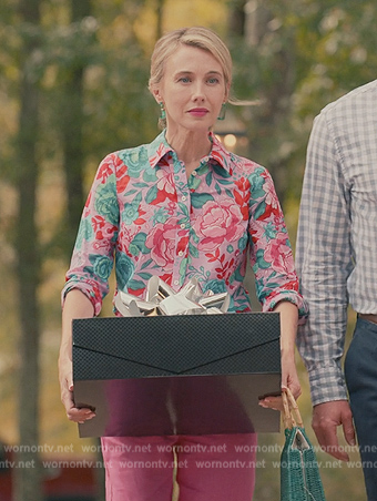 Kathy’s pink floral print shirt on Sweet Magnolias
