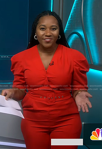 Kay Angrum’s red belted jumpsuit on NBC News Daily