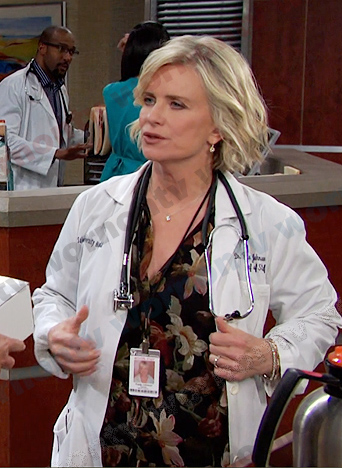 Kayla’s black floral print dress on Days of our Lives
