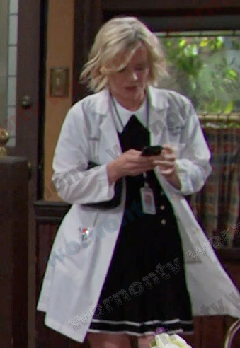 Kayla’s black contrast collar mini dress on Days of our Lives