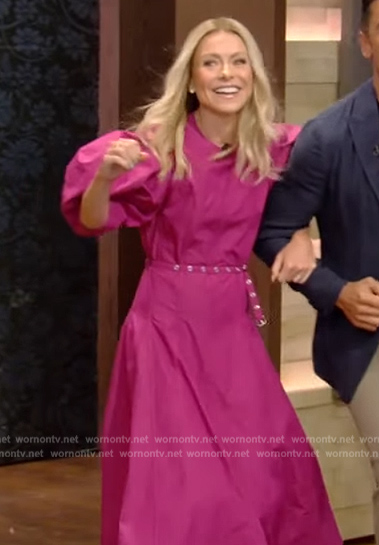 Kelly’s pink puff sleeve belted dress on Live with Kelly and Mark