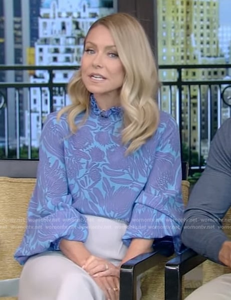 Kelly’s blue floral print blouse on Live with Kelly and Mark